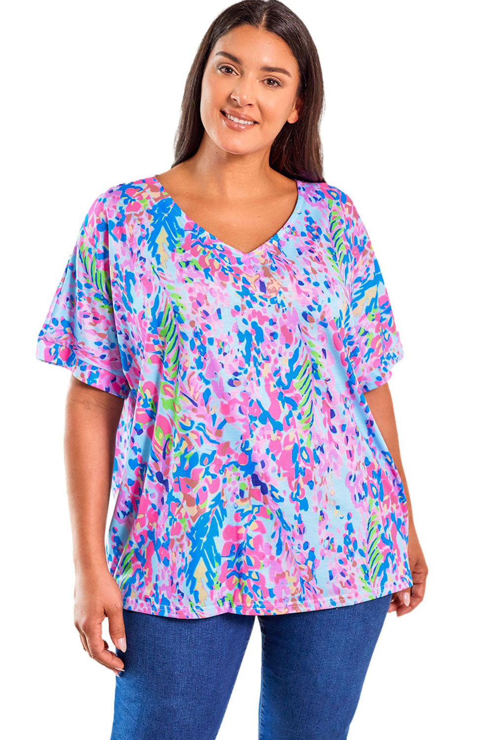 Sky Blue Plus Size Plant Print V Neck T-shirt