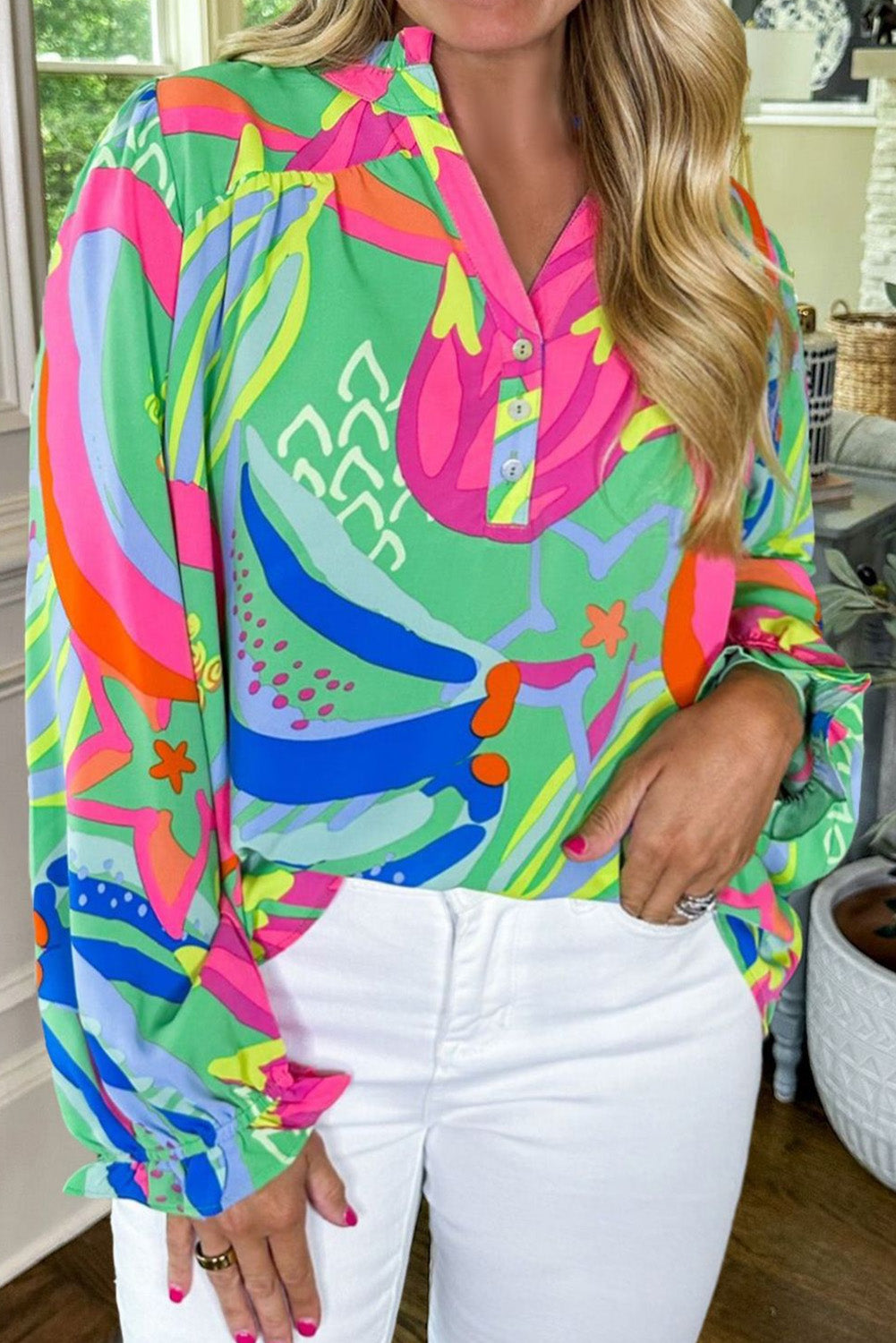 Green Abstract Printed Flounce Sleeve V Neck Buttoned Plus Size Blouse