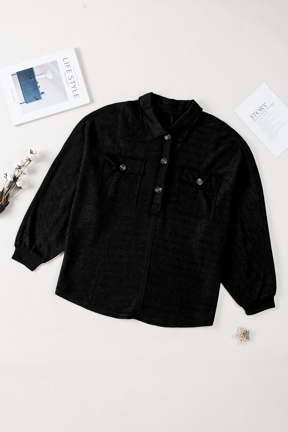 Black Polo Collar Buttoned Patchy Top with Pockets