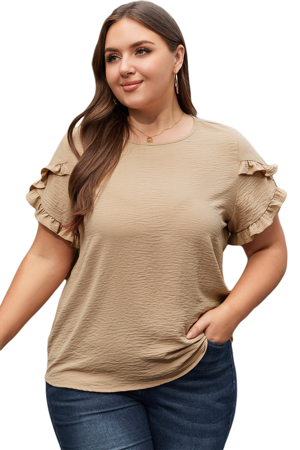 Light French Beige Ruffled Short Sleeve Plus Size Top