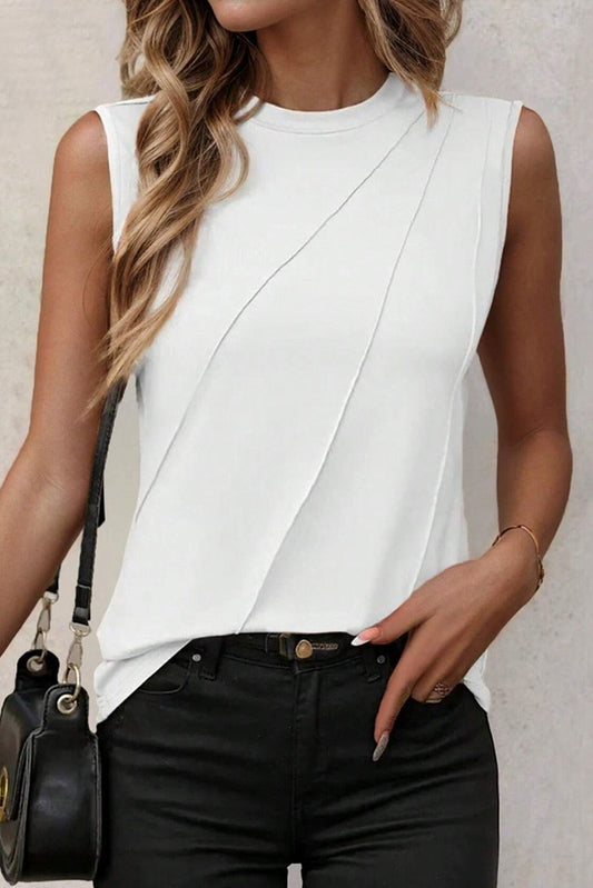 White Crew Neck Pleated Tank Top