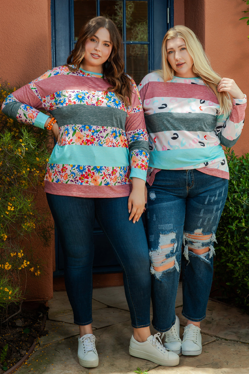 Sky Blue Stripe Plus Size Colorblock Pullover Top