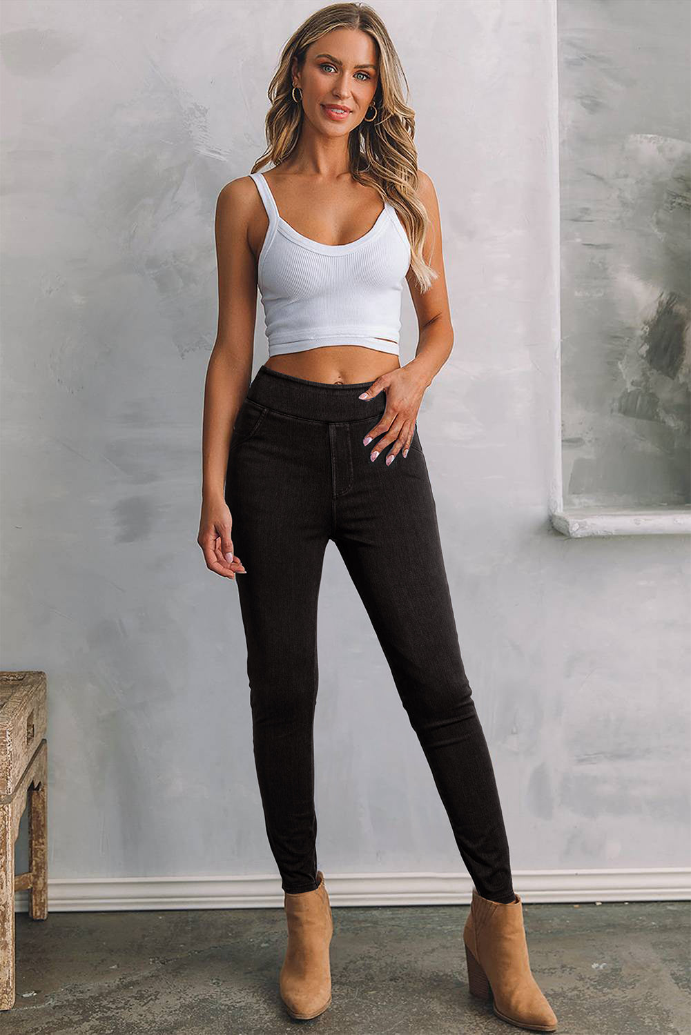 Black Solid Color High Waist Stretchy Slim Fit Jeggings