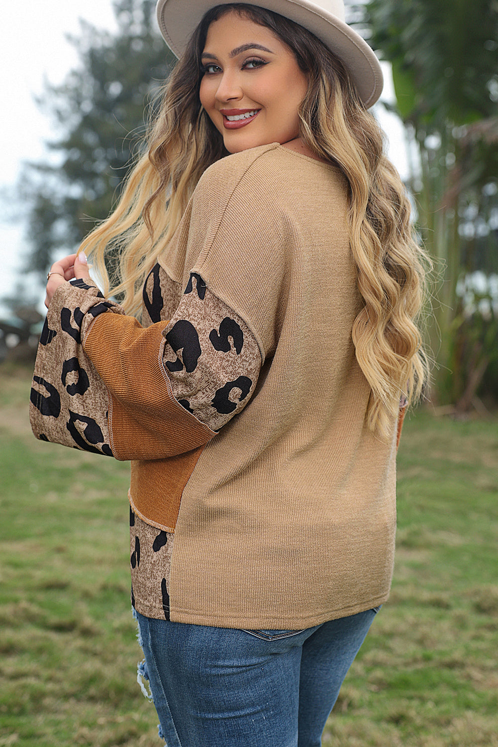 Light French Beige Plus Size Leopard Colorblock Patchwork Wide Sleeve Top