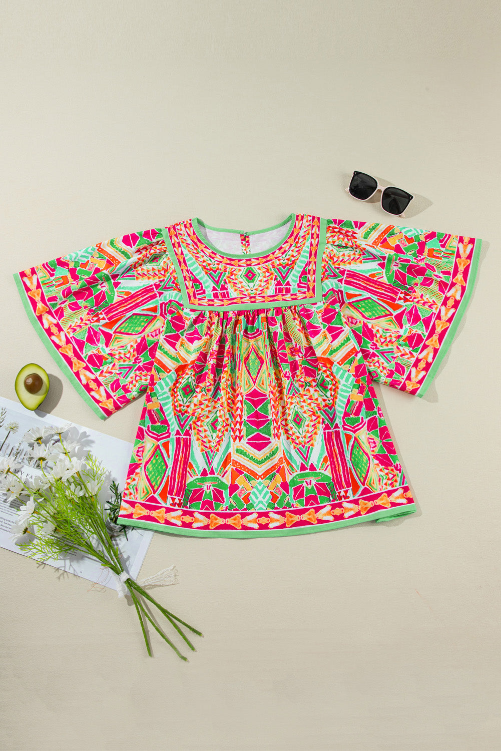 Green Fashion Printed Wide Sleeve Plus Size Blouse