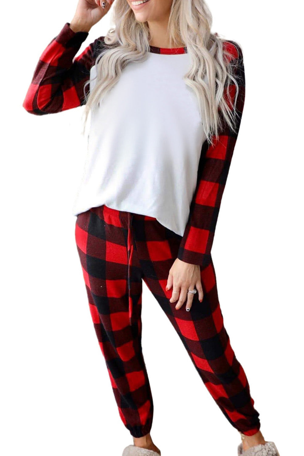 Fiery Red Plaid Raglan Sleeves Top and Drawstring Pants Lounge Set