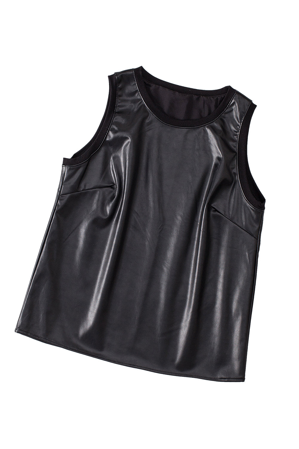 Black Faux Leather Crew Neck Tank Top