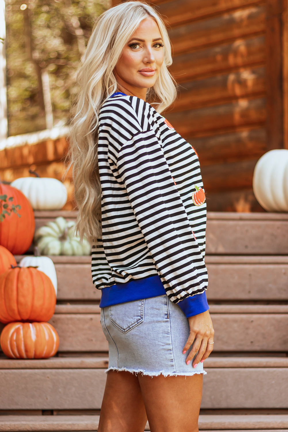 Black Stripe Glitter Halloween Pumpkin Print Oversized Sweatshirt