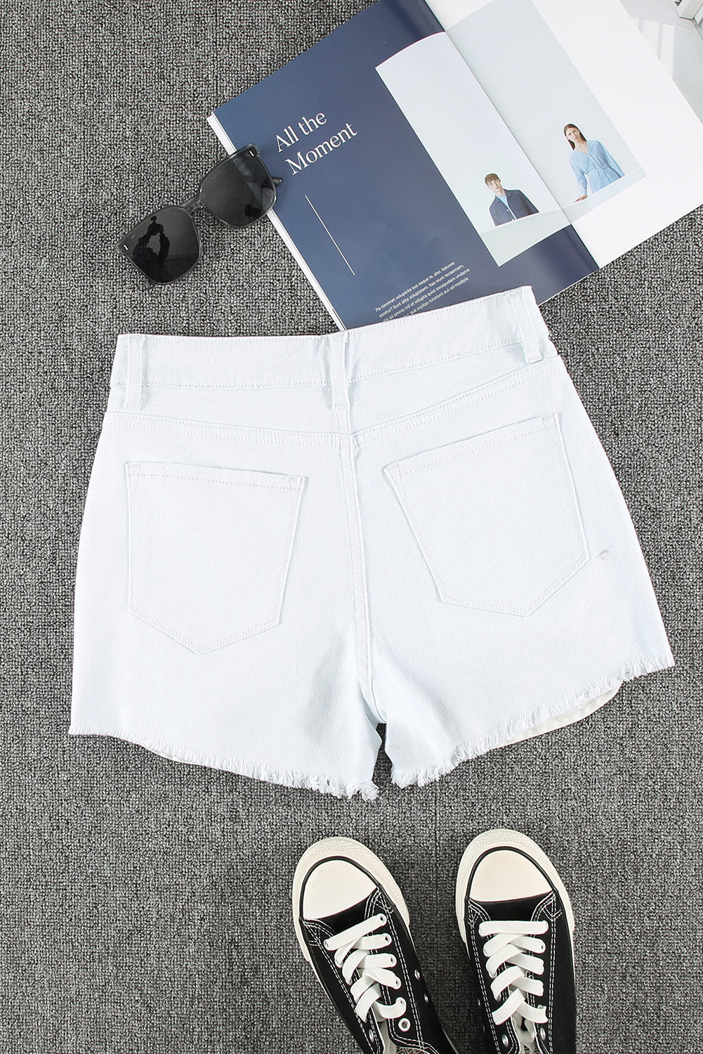 White Distressed Frayed Denim Shorts