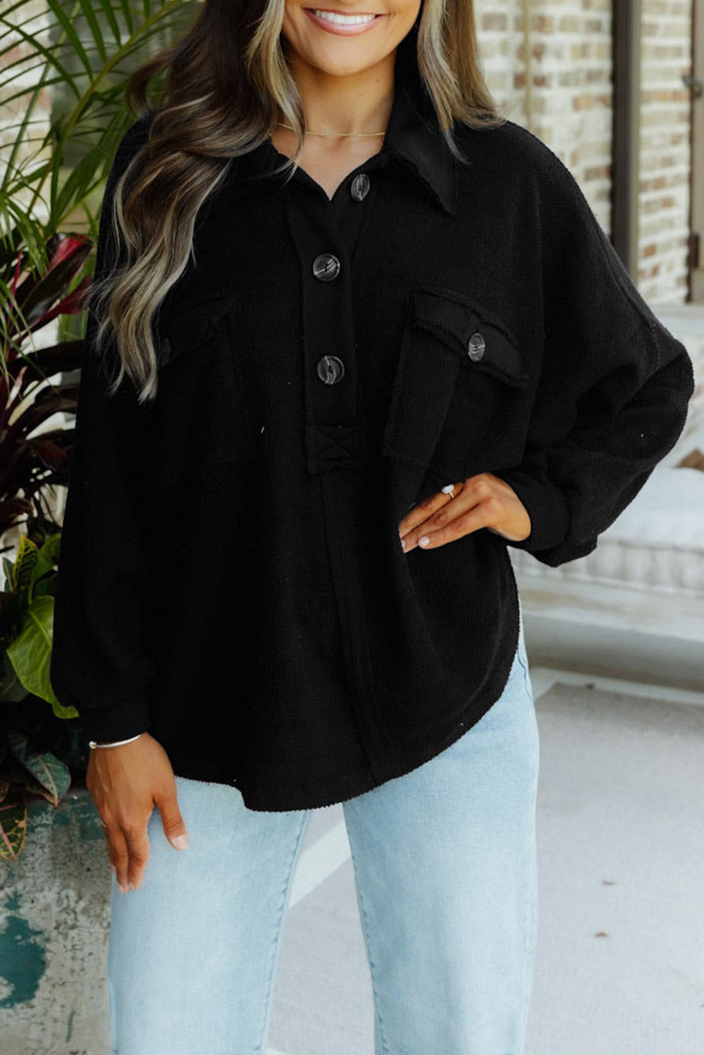 Black Polo Collar Buttoned Patchy Top with Pockets