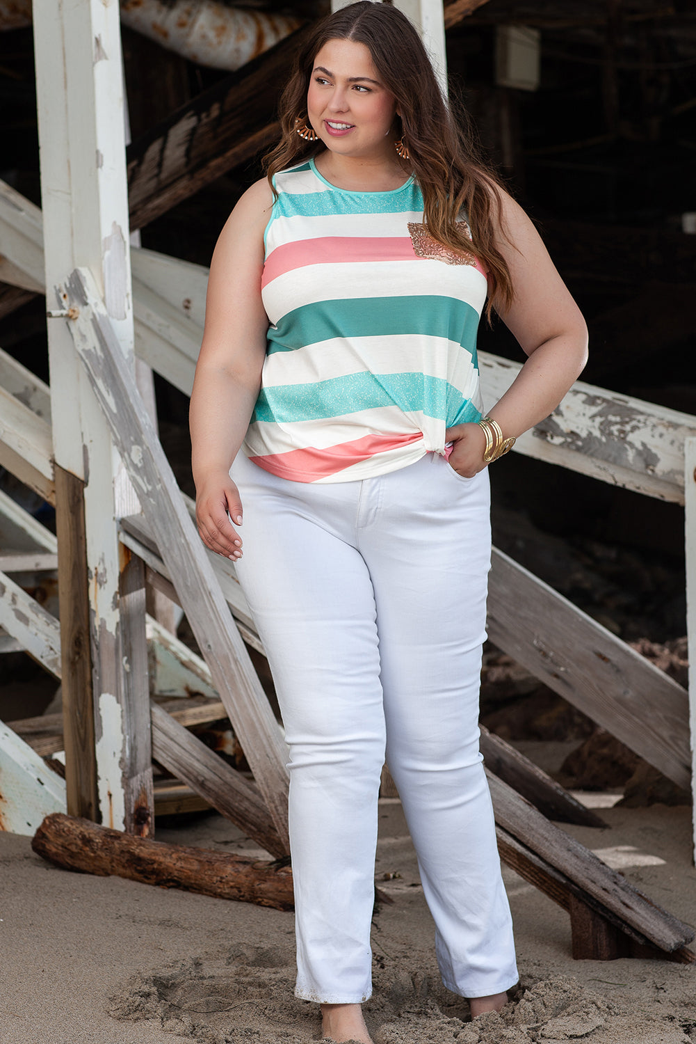 Multicolour Plus Size Striped Crew Neck Tank Top