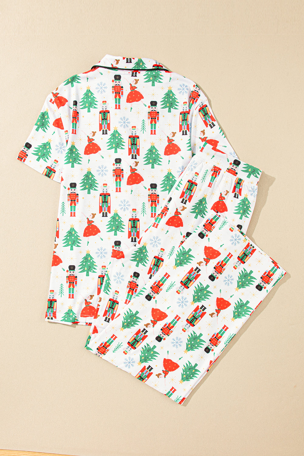 White Printed Christmas Pattern Buttoned Two Piece Sleepwear