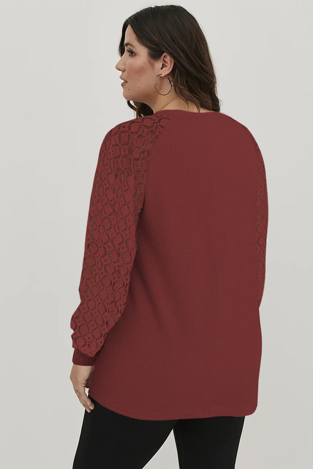 Red Plus Size Contrast Lace Sleeve Waffle Knit Top