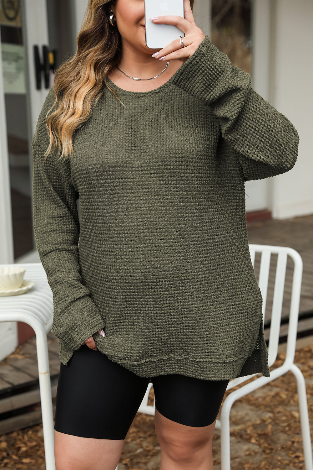 Moss Green Plus Size Textured Knit Long Sleeve Top