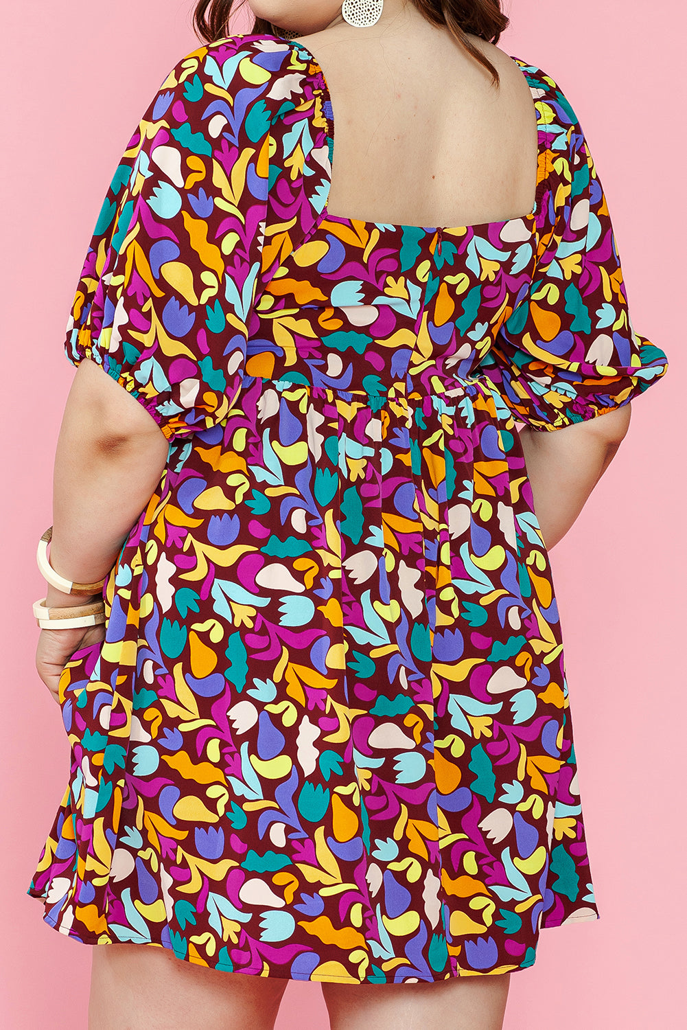 Purple Plus Size Printed Puff Sleeve Short Flare Dress