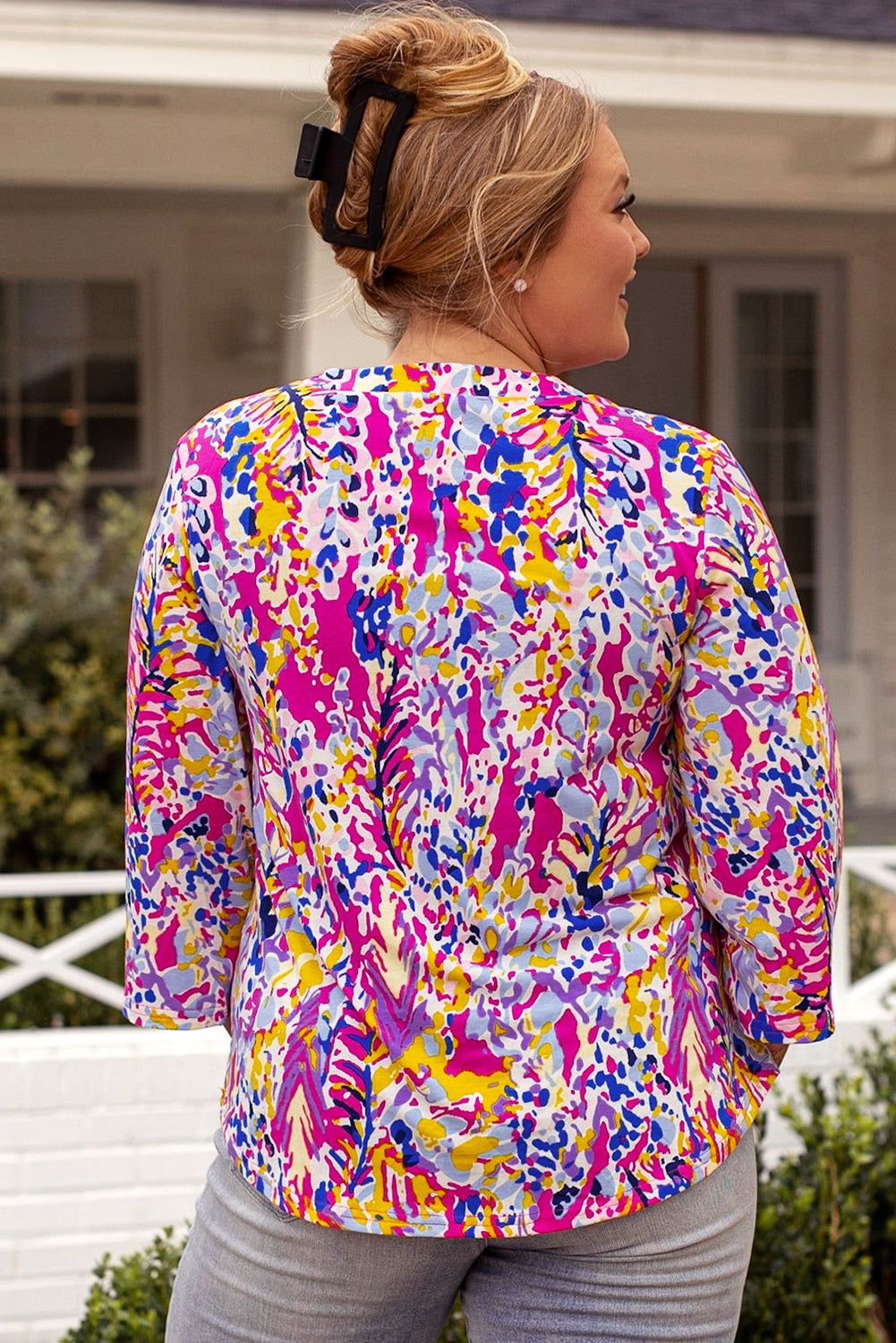 Multicolor Printed 3/4 Sleeve Split Neck Plus Size Tunic Top