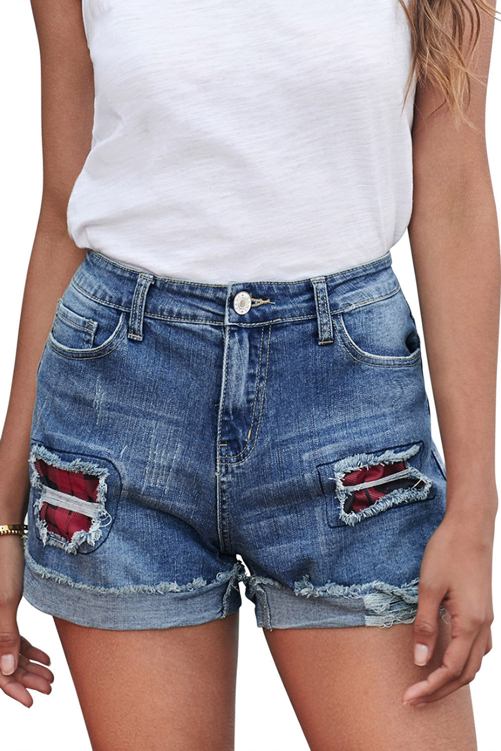 Plaid Patchwork Rolled Hem Denim Shorts