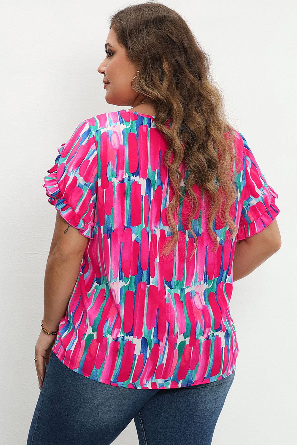 Rose Plus Size Abstract Print Ruffled Petal Sleeve Blouse