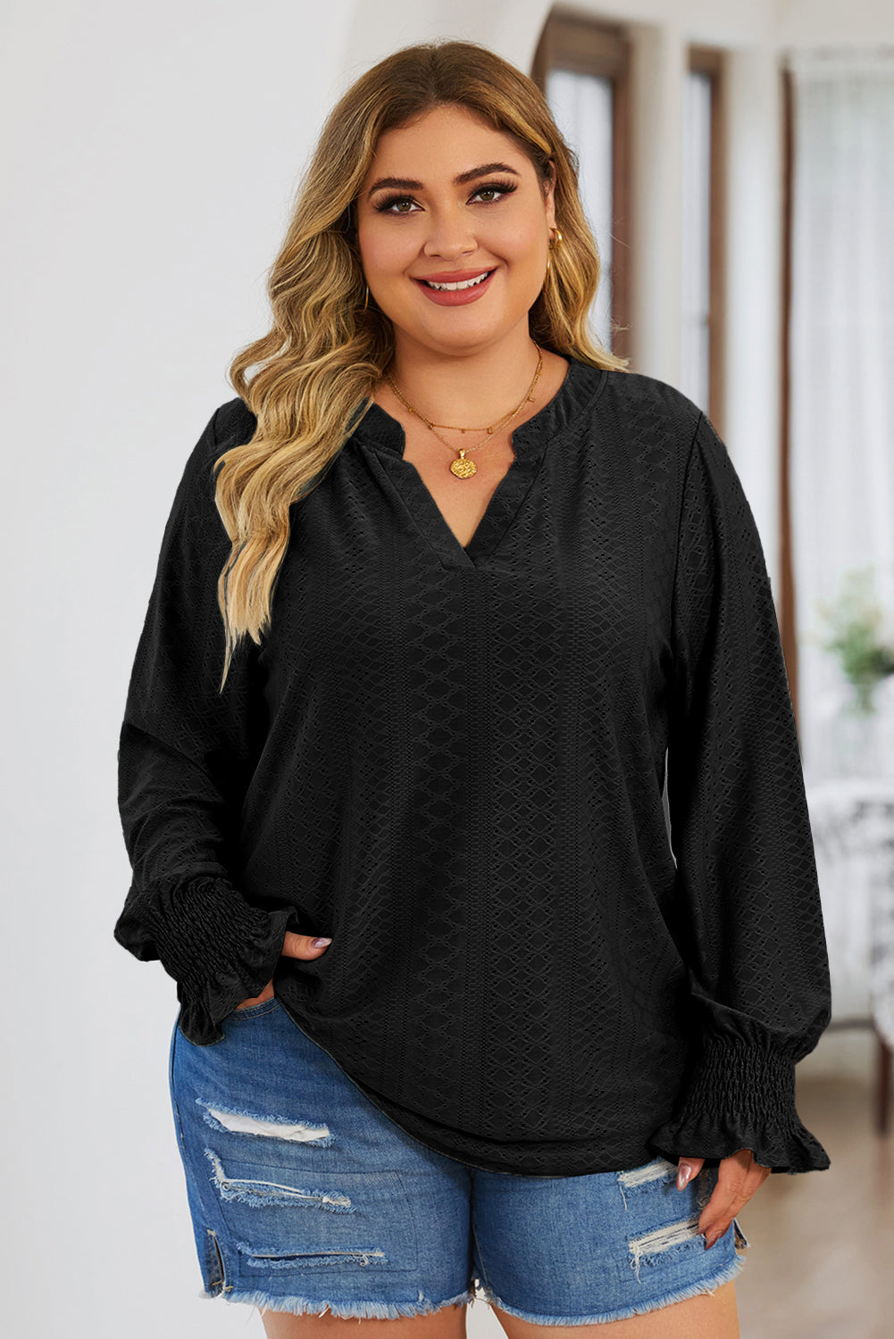 Black Eyelet Jacquard Split Neck Flounce Sleeve Plus Size Blouse