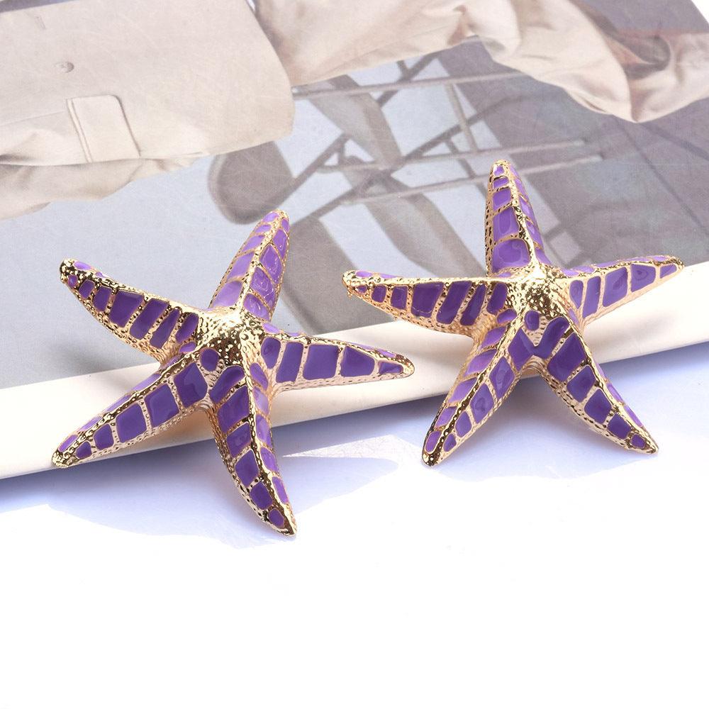 Alloy Purple Starfish All-match Mediterranean Style Pentagram Stud Earrings