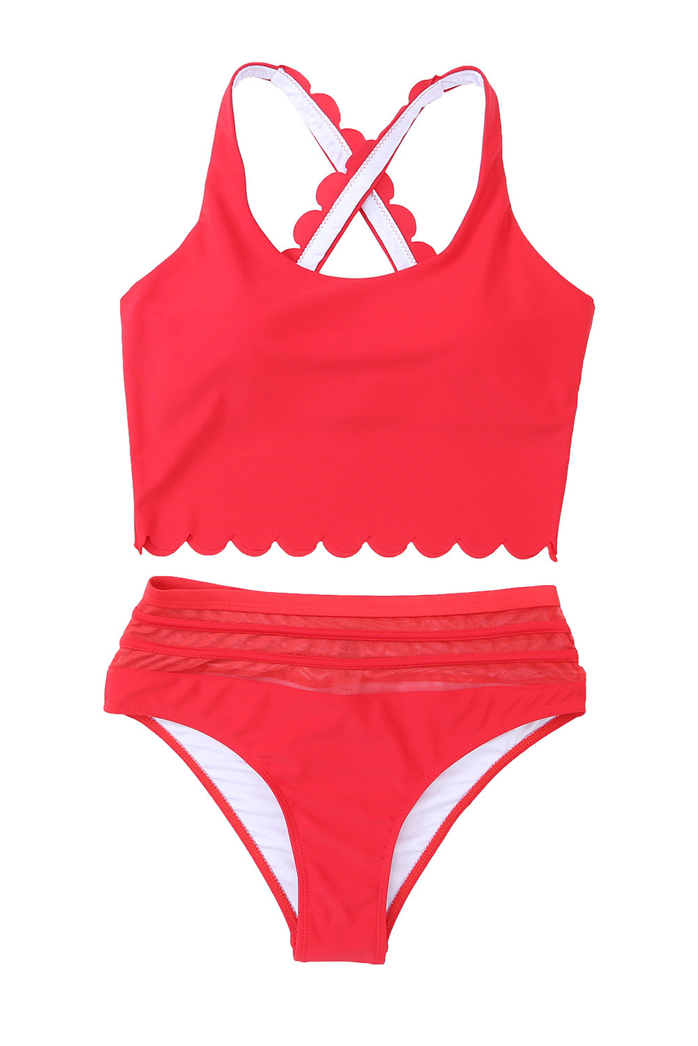 Fiery Red Scalloped Criss Cross High Waist Bikini