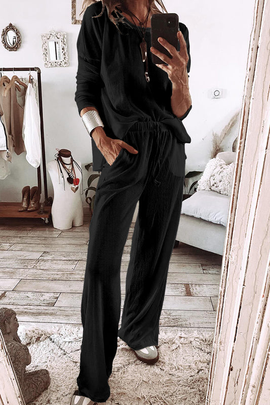 Black Textured Long Sleeve T Shirt and Pants Lounge Set