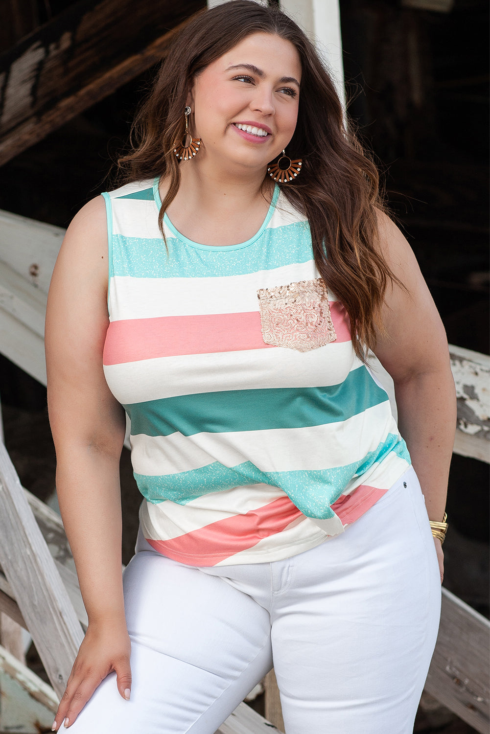 Multicolour Plus Size Striped Crew Neck Tank Top