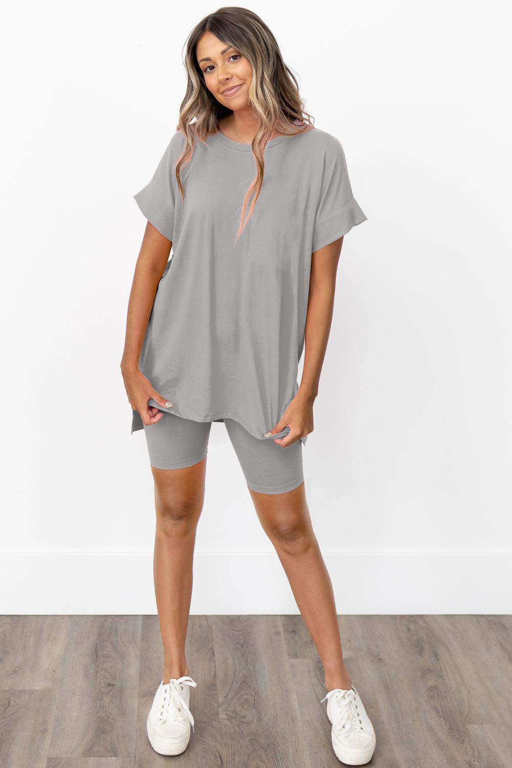 Gray Solid Split Hem Tunic Tee and Tight Shorts Set