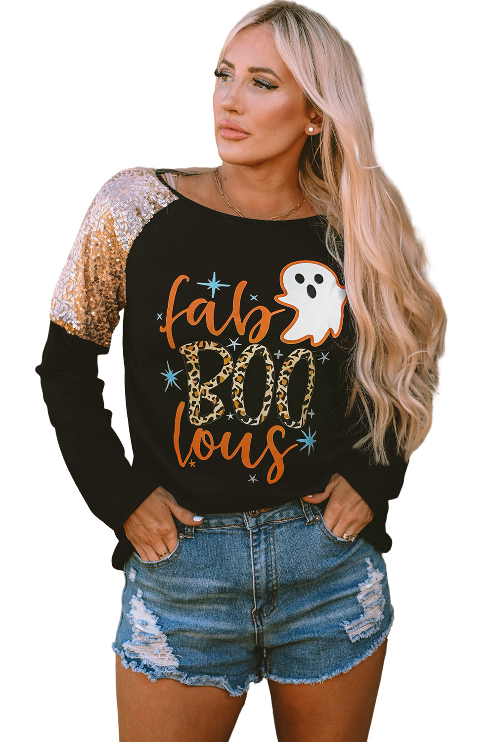 Black Leopard Boo Ghost Graphic Sequin Raglan Sleeve Top