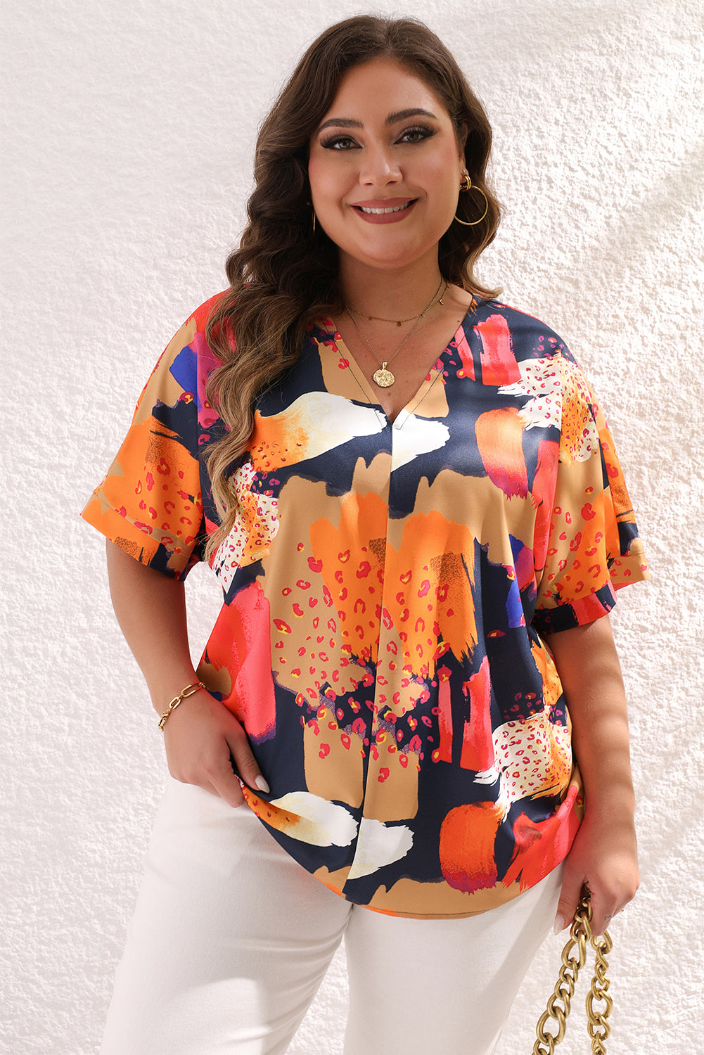 Multicolour Abstract Print V Neck Short Sleeve Plus Size Blouse