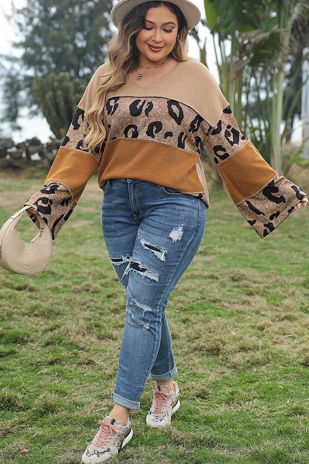 Light French Beige Plus Size Leopard Colorblock Patchwork Wide Sleeve Top