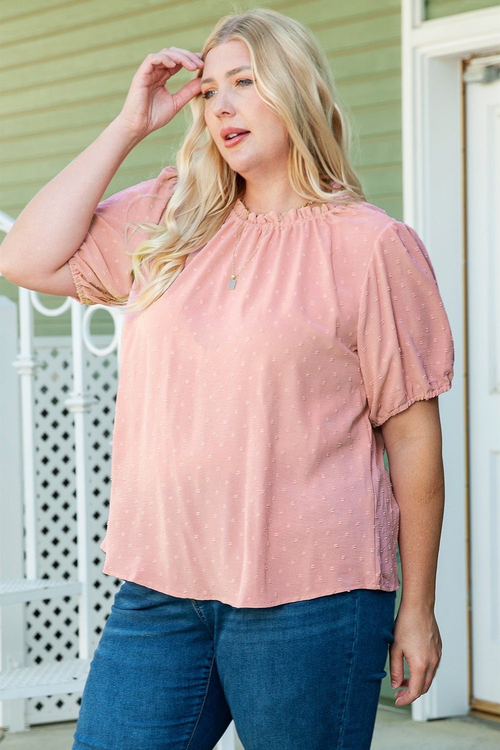 Pink Plus Size Swiss Dot Puff Sleeves Top