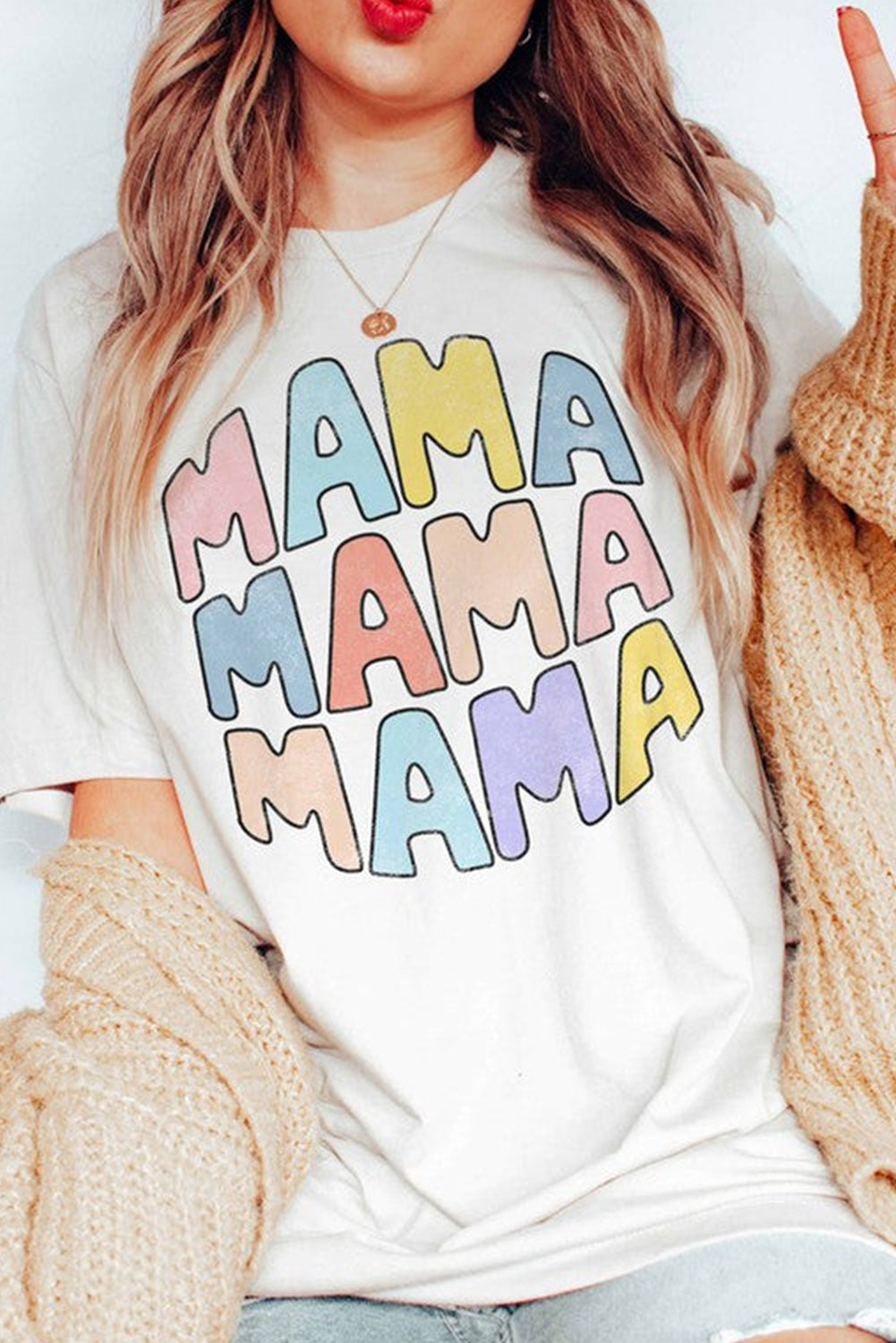 White MAMA Slogan Print Crew Neck Casual T Shirt