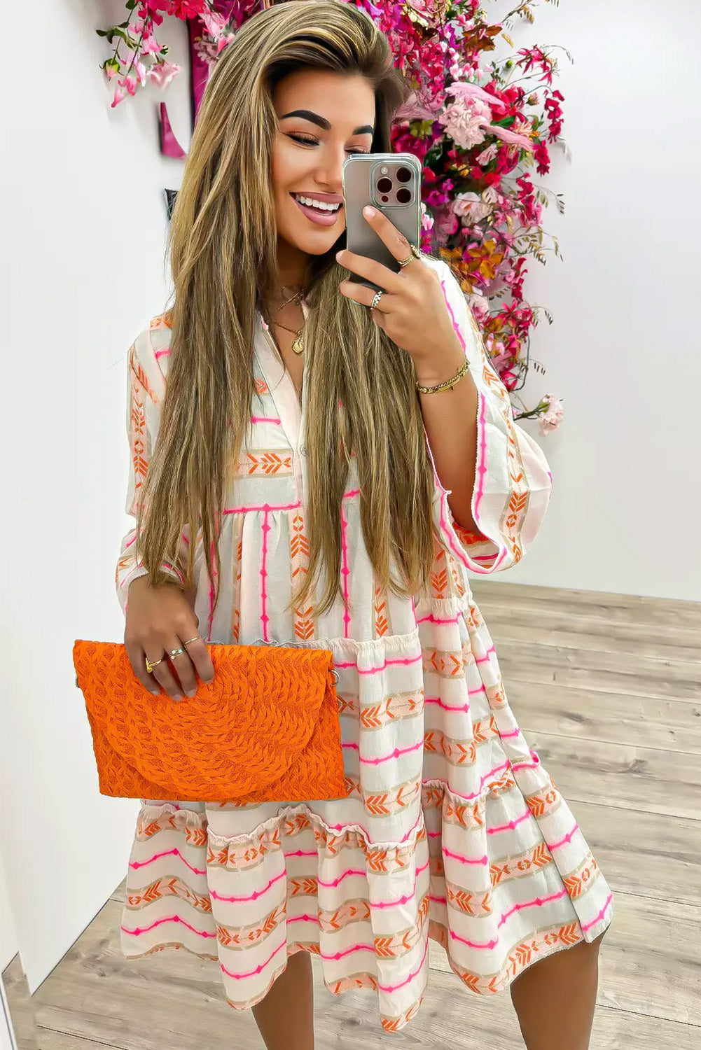 Orange Bohemian Printed Bracelet Sleeve Slit Neck Ruffled Loose Dress