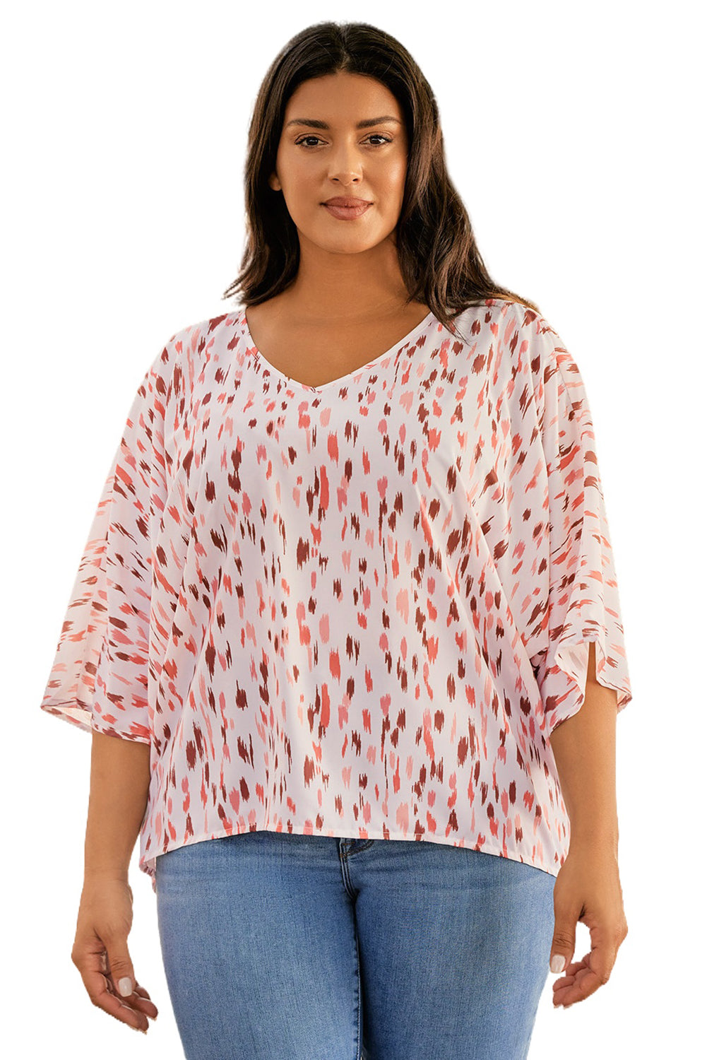 Pink Printed 3/4 Dolman Sleeve Plus Size Blouse