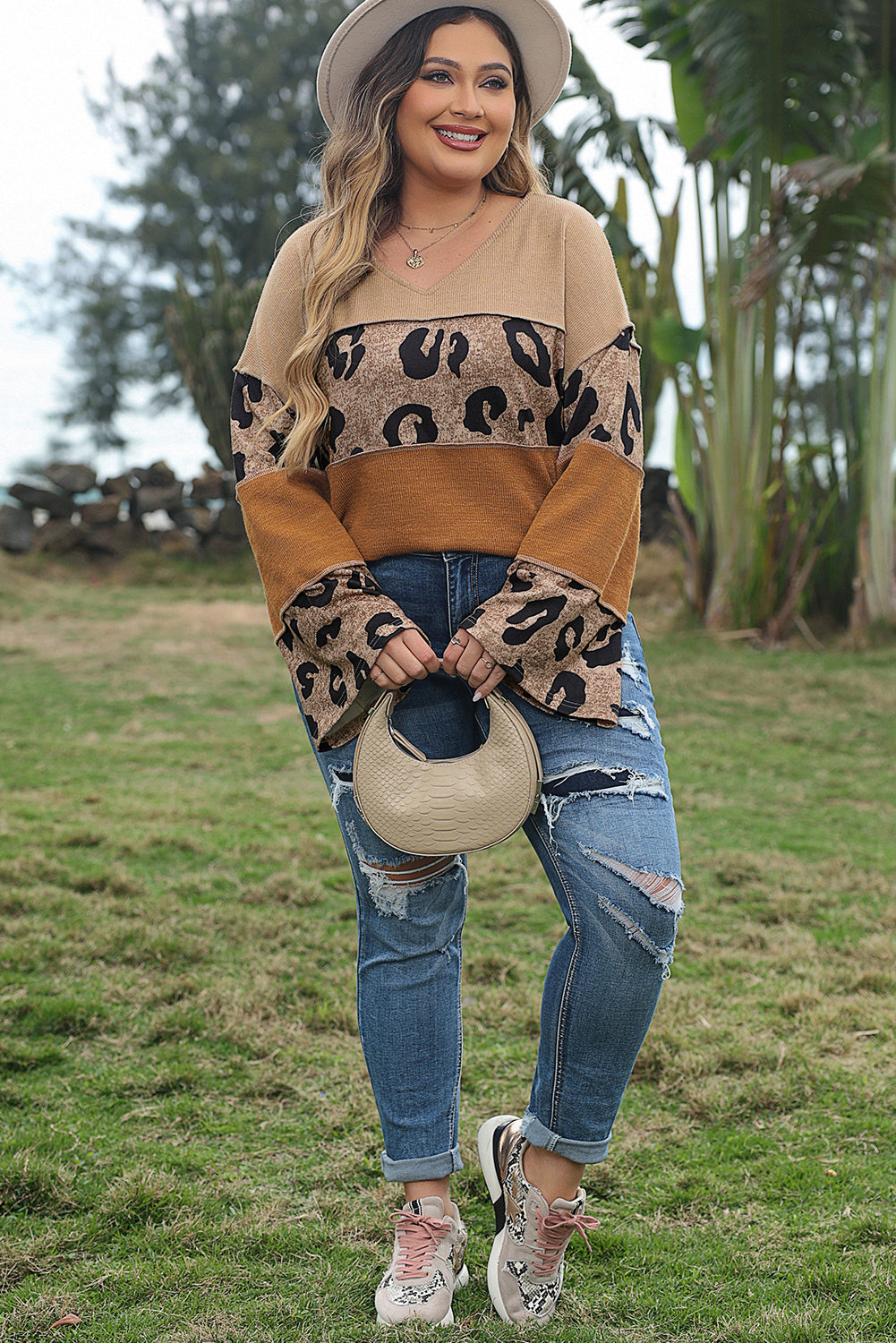 Light French Beige Plus Size Leopard Colorblock Patchwork Wide Sleeve Top