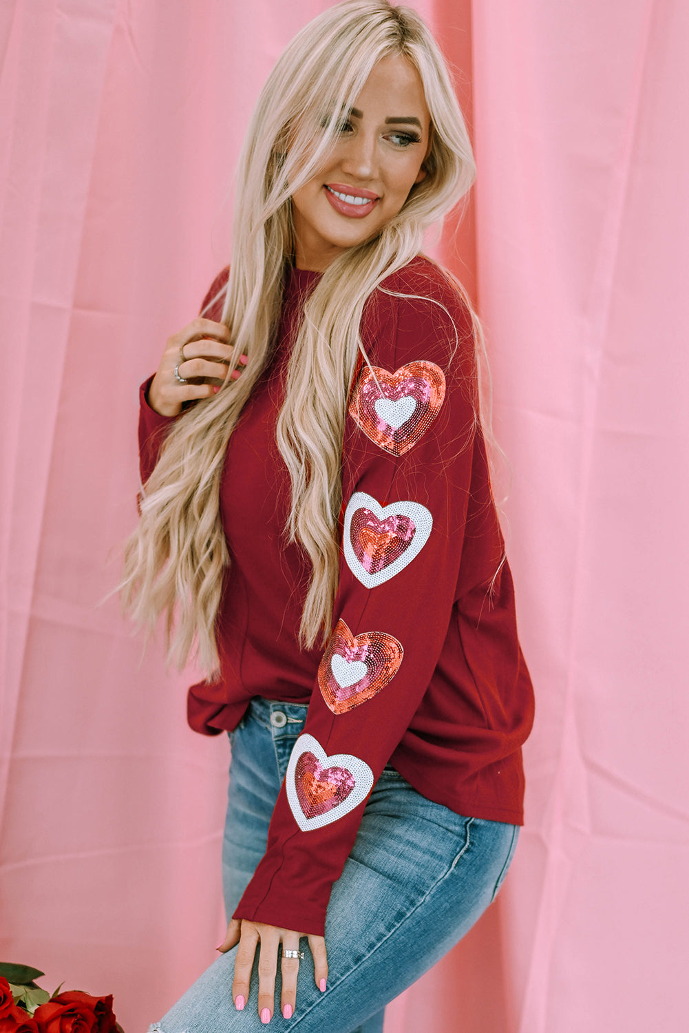 Red Sequined Heart Printed Sleeves Valentine Fashion Top