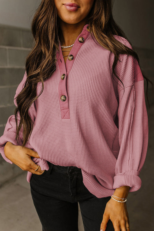 Pink Waffle Long Sleeve Collar Half Button Loose Top