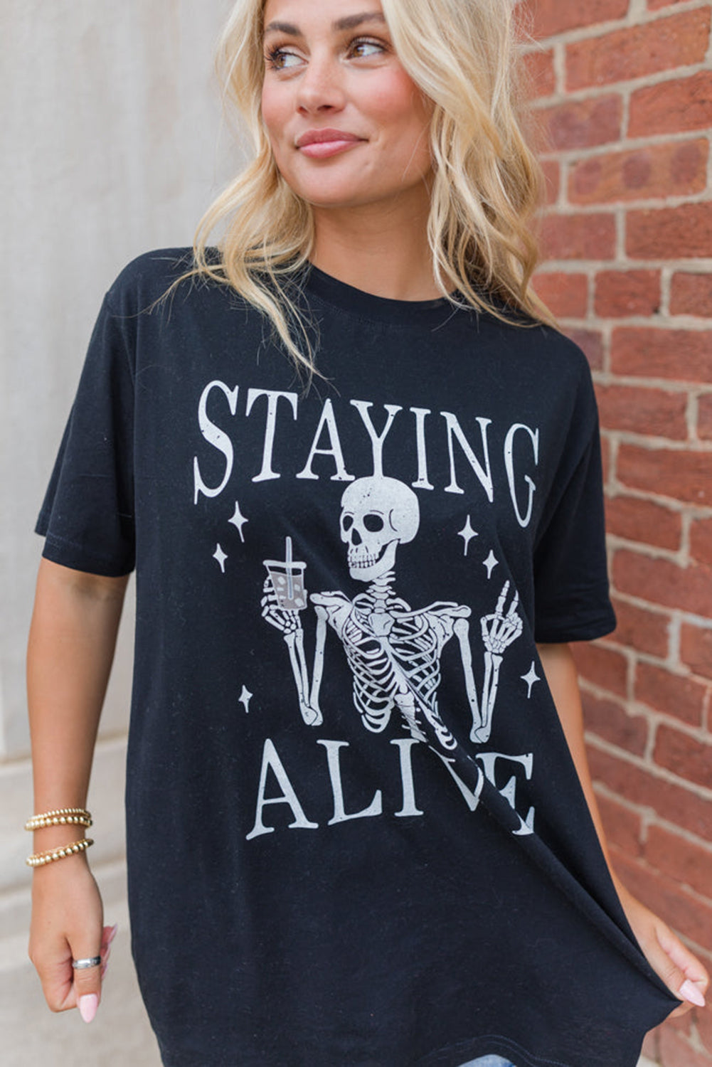 Black STAYING ALIVE Funny Skeleton Print Round Neck T Shirt