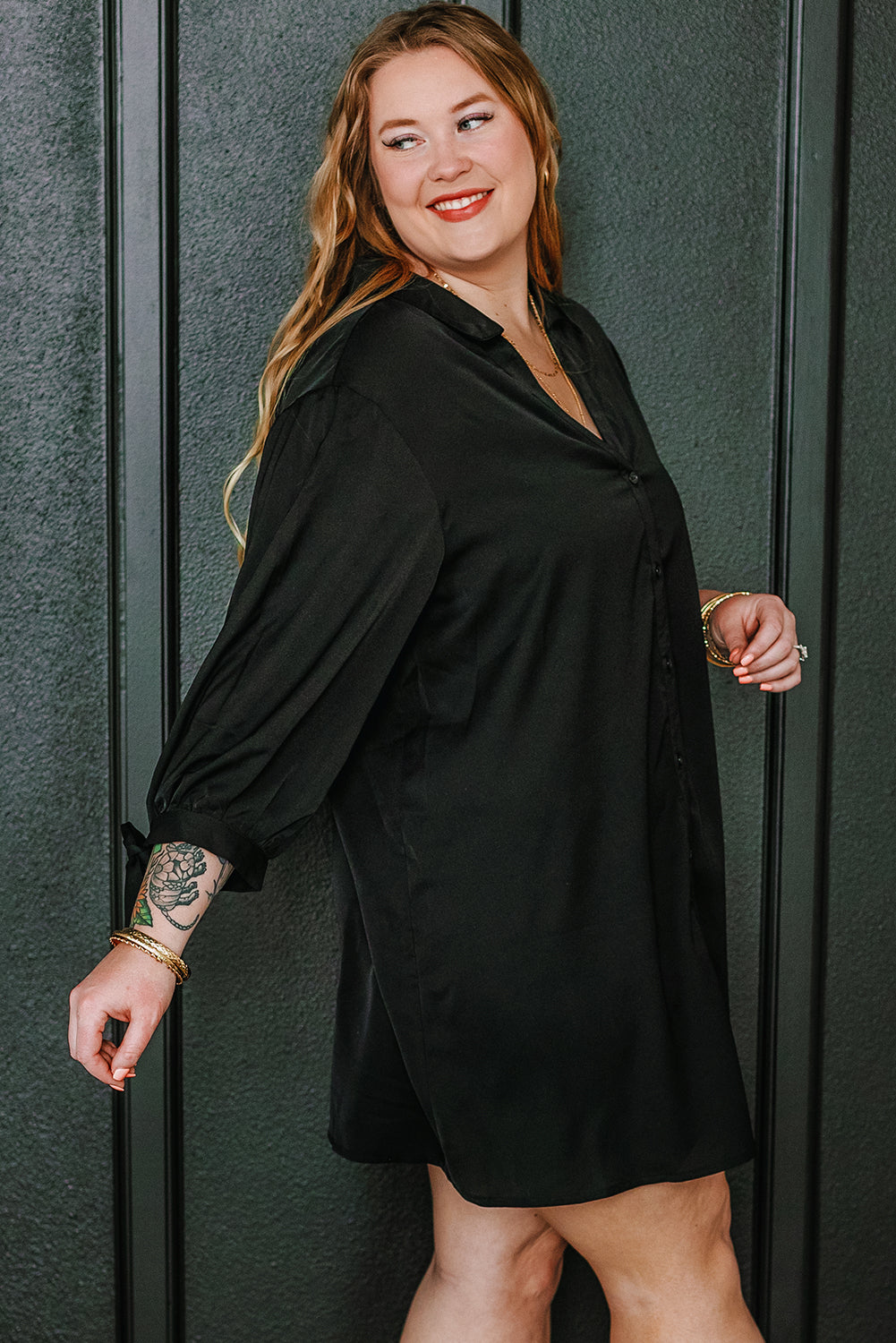 Black Plus Size Tie Cuffs V Neck Shirt Dress