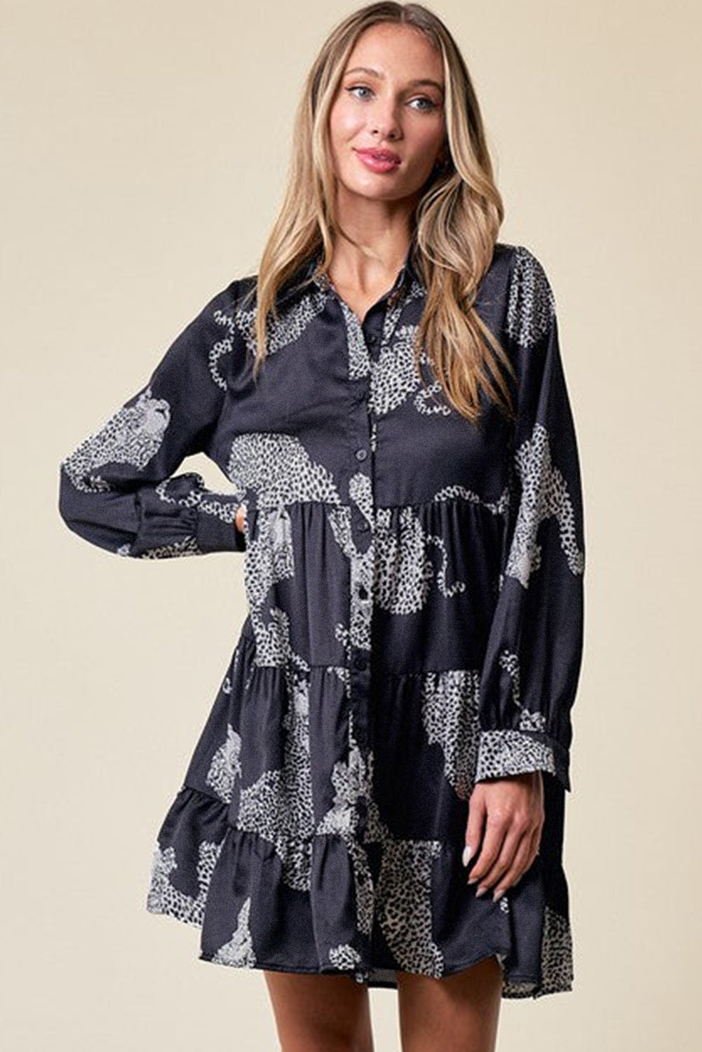 Black Leopard Print Button-up Long Sleeve Shirt Mini Dress