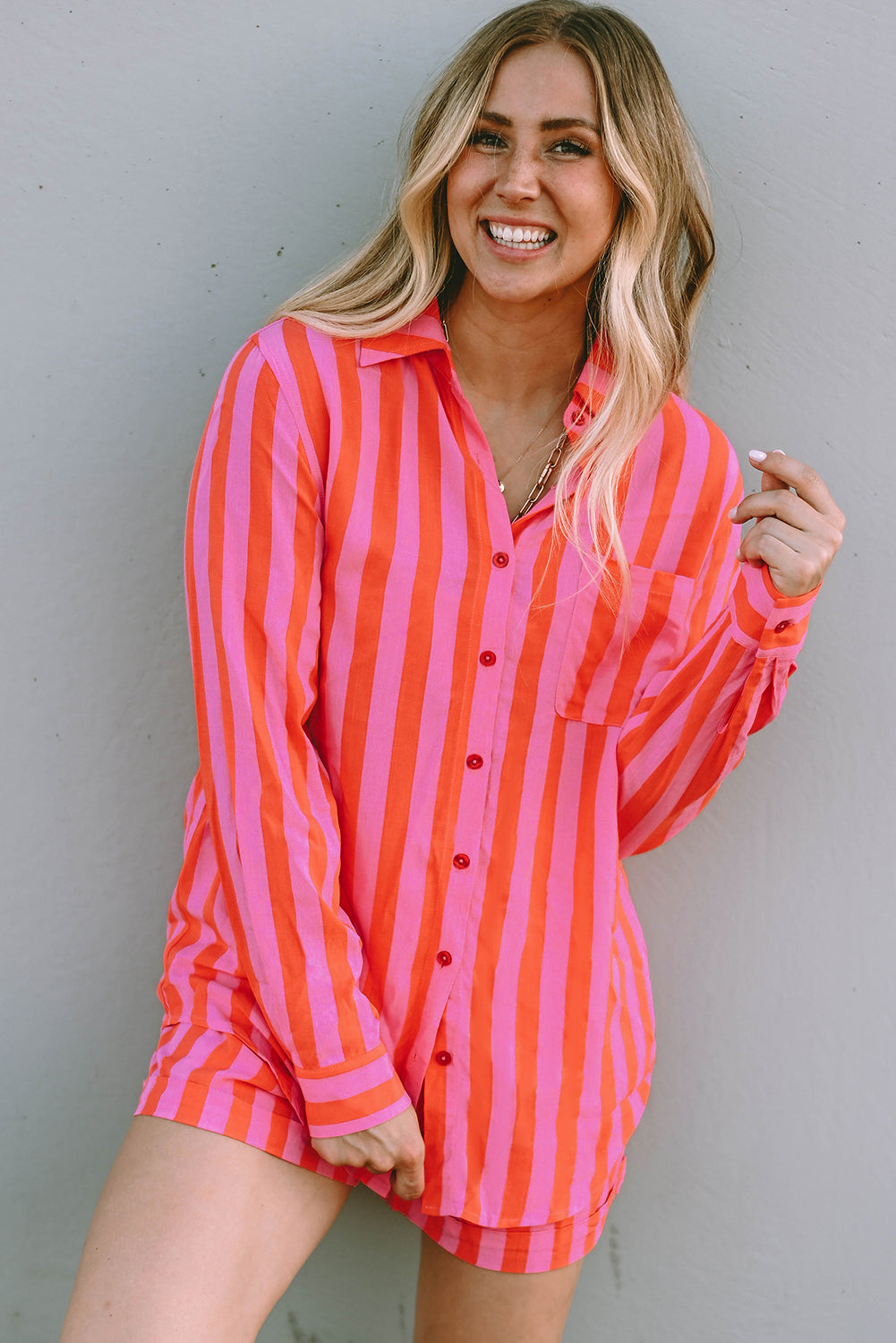 Orange Striped Print Collared Neck Shirt and Shorts Set