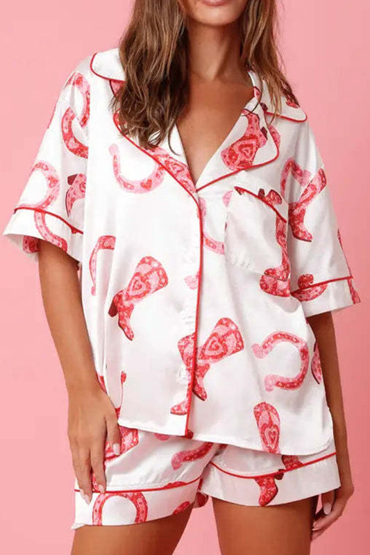 White Full Pattern Shirt and Shorts Satin Pajama Set