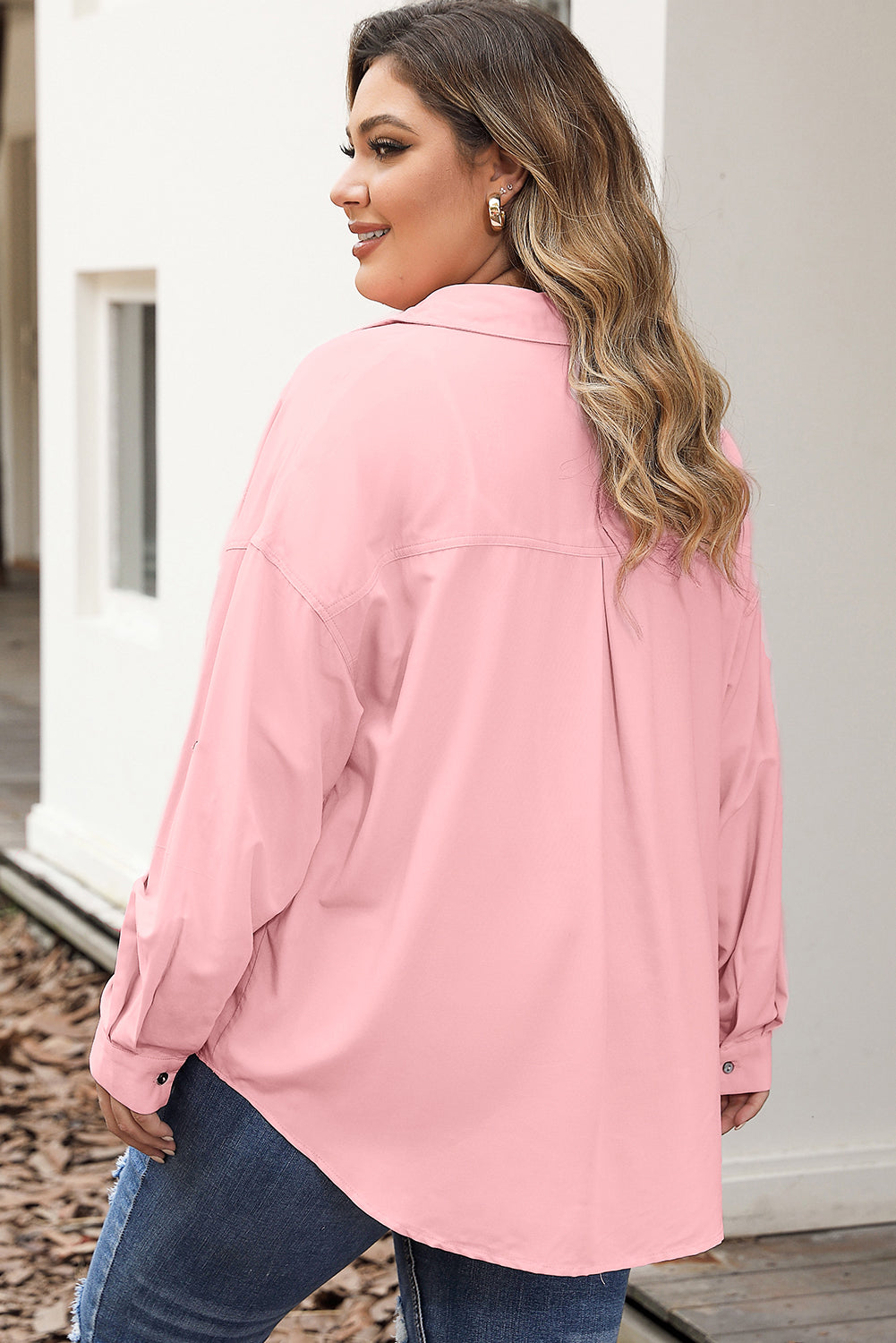 Pink Flap Pocket Tab Sleeve Button-Down Plus Size Shirt