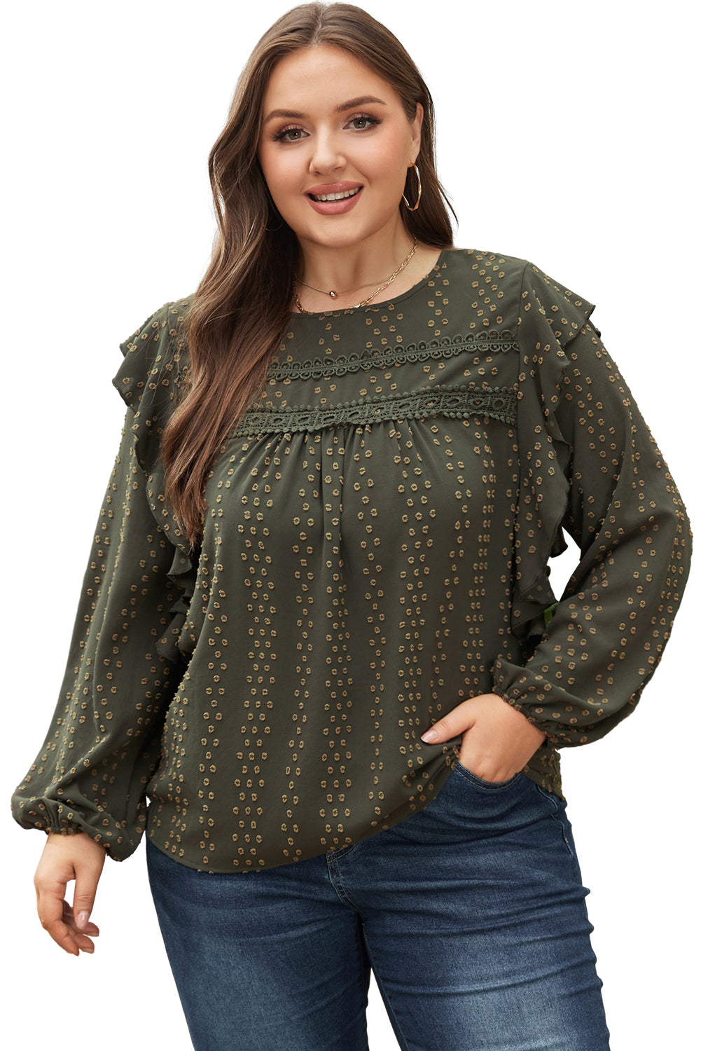 Mist Green Plus Lace Swiss Dot Ruffle Long Sleeve Top