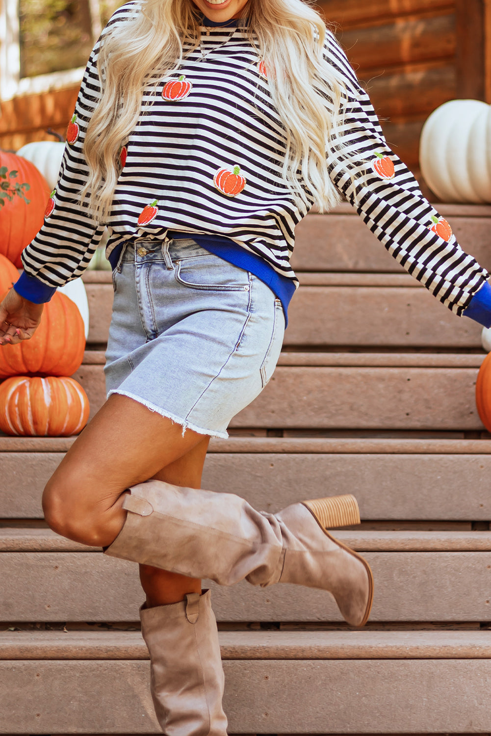 Black Stripe Glitter Halloween Pumpkin Print Oversized Sweatshirt