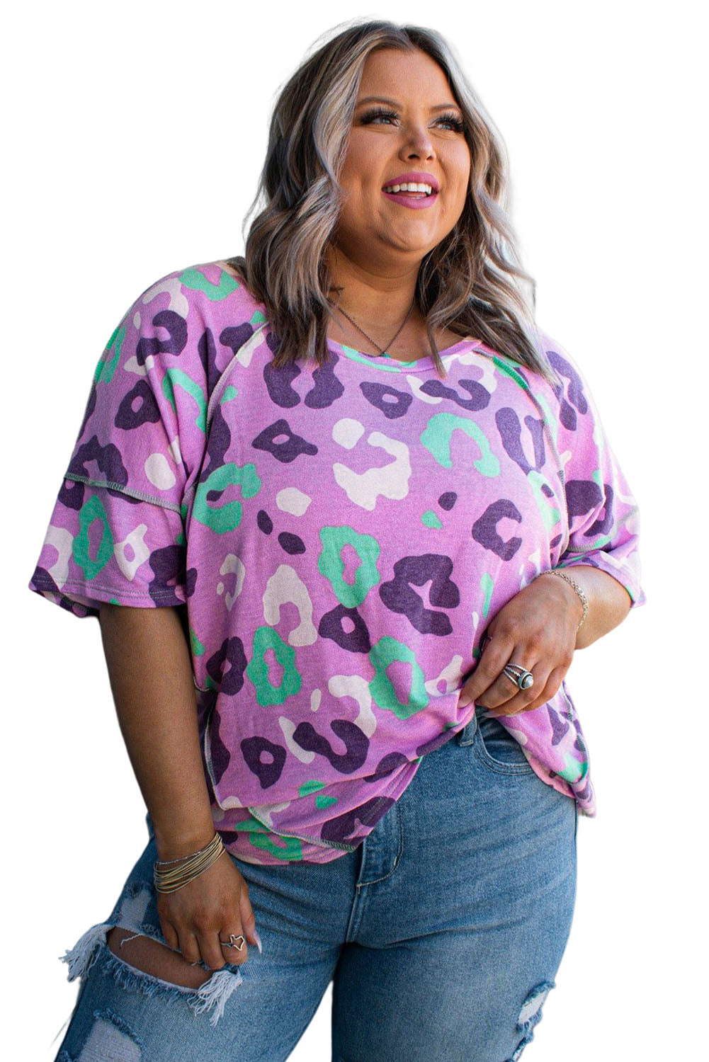 Purple Leopard Kiss Print Plus Size Short Sleeve Tee