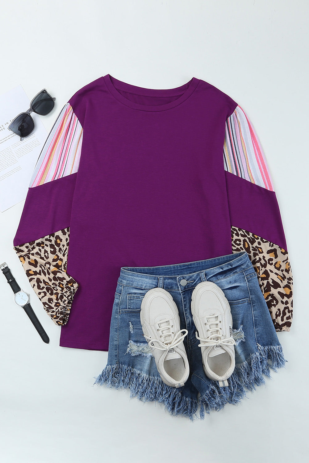 Purple Leopard Striped Color Block Plus Size Top