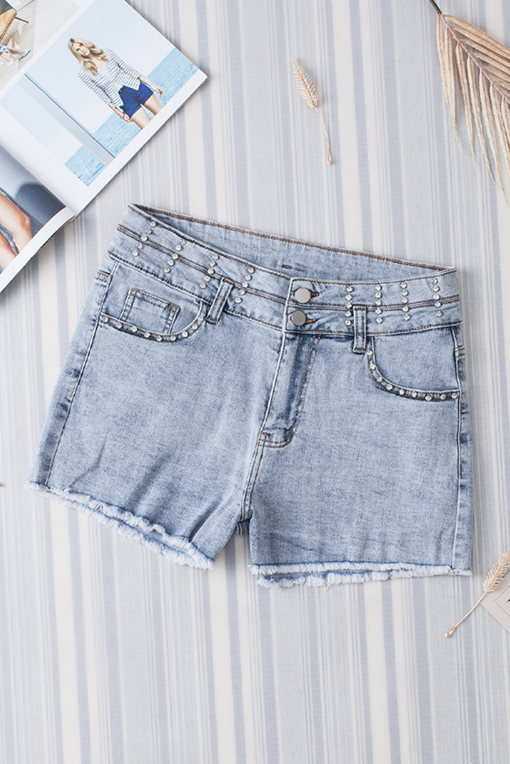 Sky Blue Diamond Studded Vintage Wash Denim Shorts