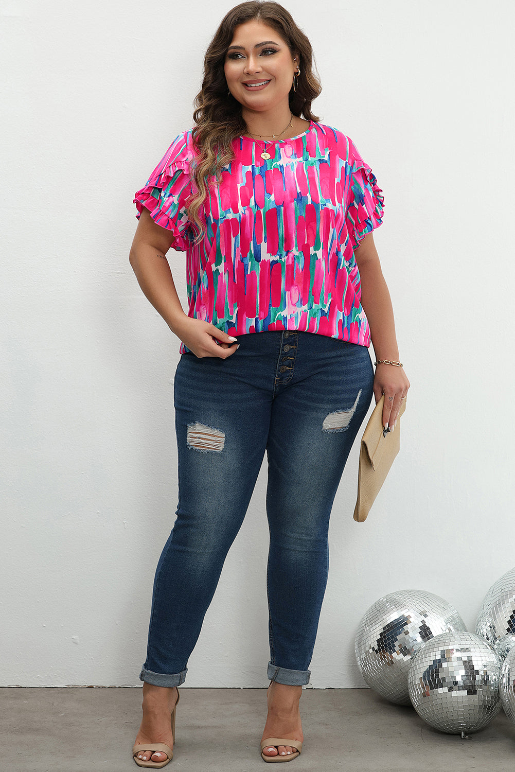 Rose Plus Size Abstract Print Ruffled Petal Sleeve Blouse